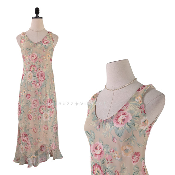 Vintage Midi Dress 4P Beige Floral Pink Y2K Ruffle Fairy Feminine Dainty Cottage - Picture 1 of 11